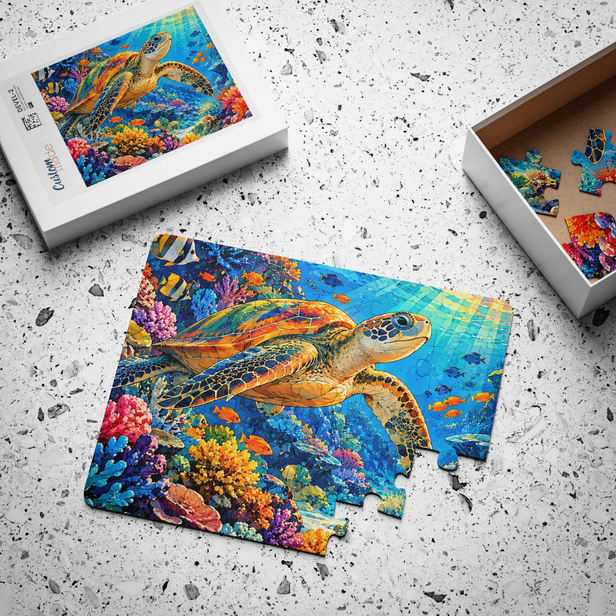 Sea Turtle Reef jigsaw puzzle, partly assembled, with its box