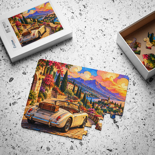 Coastal Road Trip jigsaw puzzle, partly assembled, with its box
